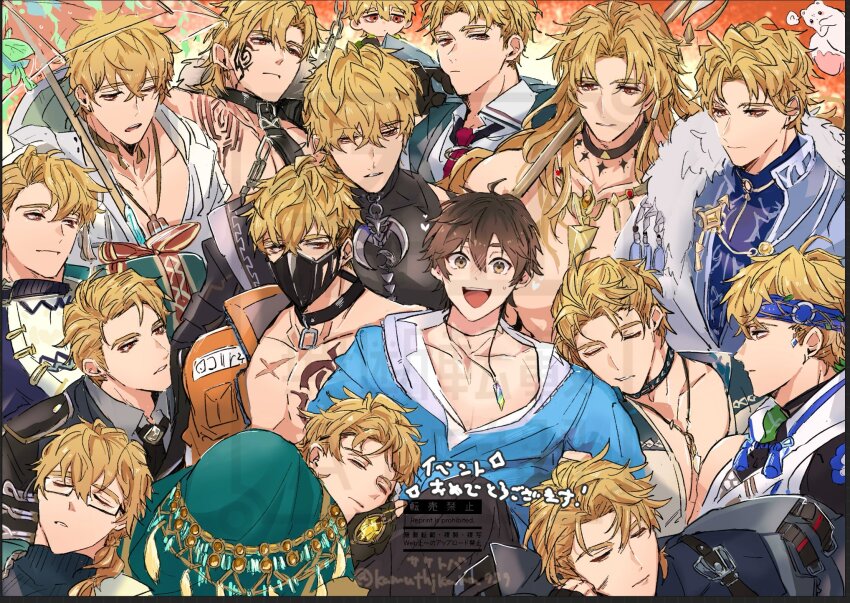 6+boys, artist_name, bags_under_eyes, blonde_hair, braid, brown_eyes, brown_hair, choker