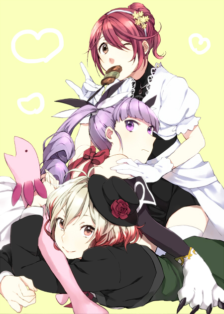 3girls, alternate_costume, animal_hands, bad_id, bad_pixiv_id, cat_paws, cheria_barnes, cheria_barnes_(innocent_maiden)