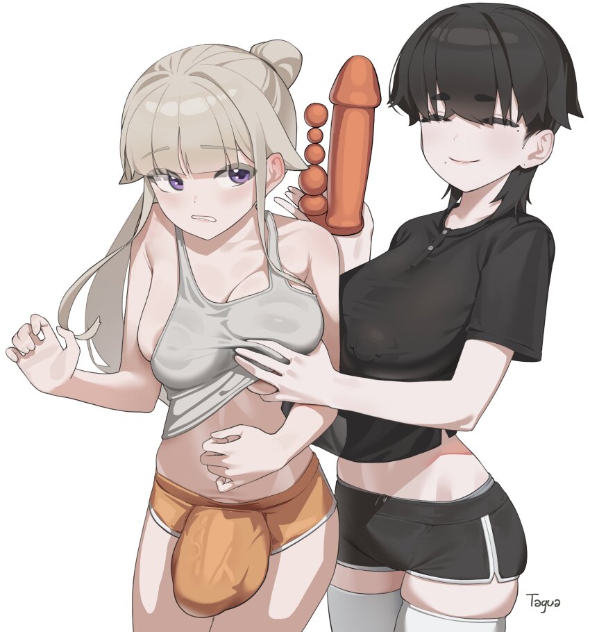 1girl, absurdres, apprehension, areola_slip, artist_name, black_hair, black_shirt, black_shorts, breasts, bulge, cleavage, clenched_teeth, closed_eyes, commentary, covered_erect_nipples, covered_penis, crop_top, crop_top_overhang, dildo, dolphin_shorts, english_commentary, enid_(tagua), futanari, futasub, grabbing_another's_breast, groping, high_ponytail, highres, holding, holding_sex_toy, huge_penis, large_breasts, long_hair, long_sidelocks, looking_at_another, looking_to_the_side, micro_shorts, midriff, mole, mole_under_eye, mole_under_mouth, nipple_piercing, orange_shorts, original, penis, piercing, ponytail, purple_eyes, rene_(tagua), sex_toy, shirt, short_hair, shorts, sideboob, sidelocks, signature, simple_background, skindentation, smile, tagua, tank_top, teeth, thick_eyebrows, thighhighs, thighs, trap, underboob, veins, veiny_penis, white_background, white_tank_top, white_thighhighs, wolf_cut