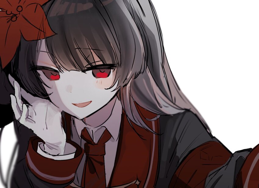 1girl, armband, black_hair, black_jacket, commentary_request, hand_on_own_cheek, hand_on_own_face, highres