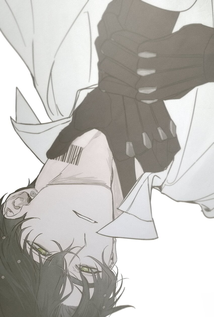 1boy, 4littlemore, barcode, barcode_tattoo, black_hair, choke_hold, collared_shirt, earrings, green_eyes, hair_ornament, hairclip, highres, jewelry, looking_at_viewer, male_focus, mechanical_hands, neck_tattoo, parted_lips, prosthesis, prosthetic_hand, robo_frostor, screw, shirt, short_hair, simple_background, skoshism, strangling, stud_earrings, tattoo, upside-down, virtual_youtuber, white_background, white_shirt