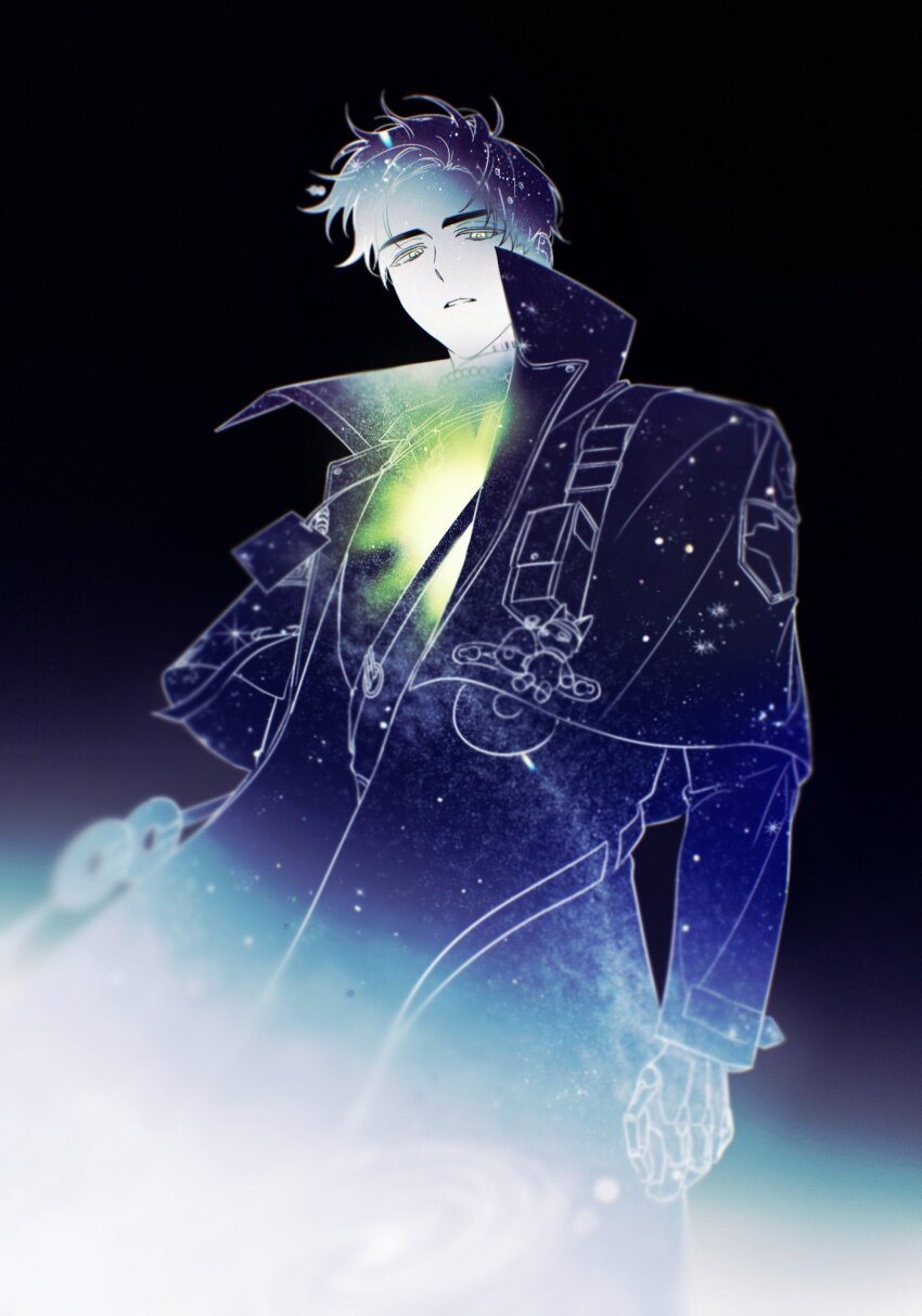 1boy, barcode, barcode_tattoo, black_background, black_hair, black_jacket, galaxy_background, galaxy_print