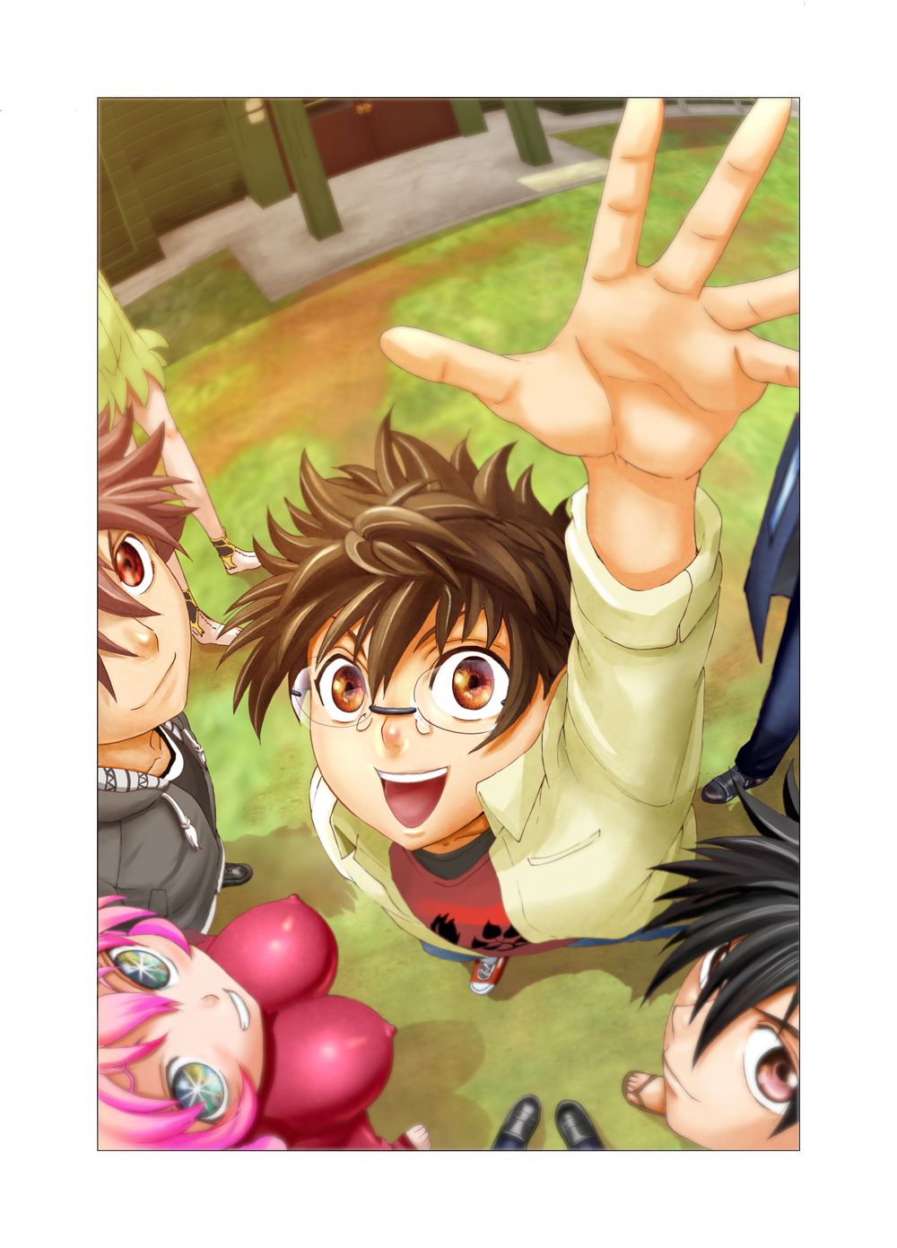 1girl, 3boys, :d, arm_up, black_hair, blush, bodysuit, breasts