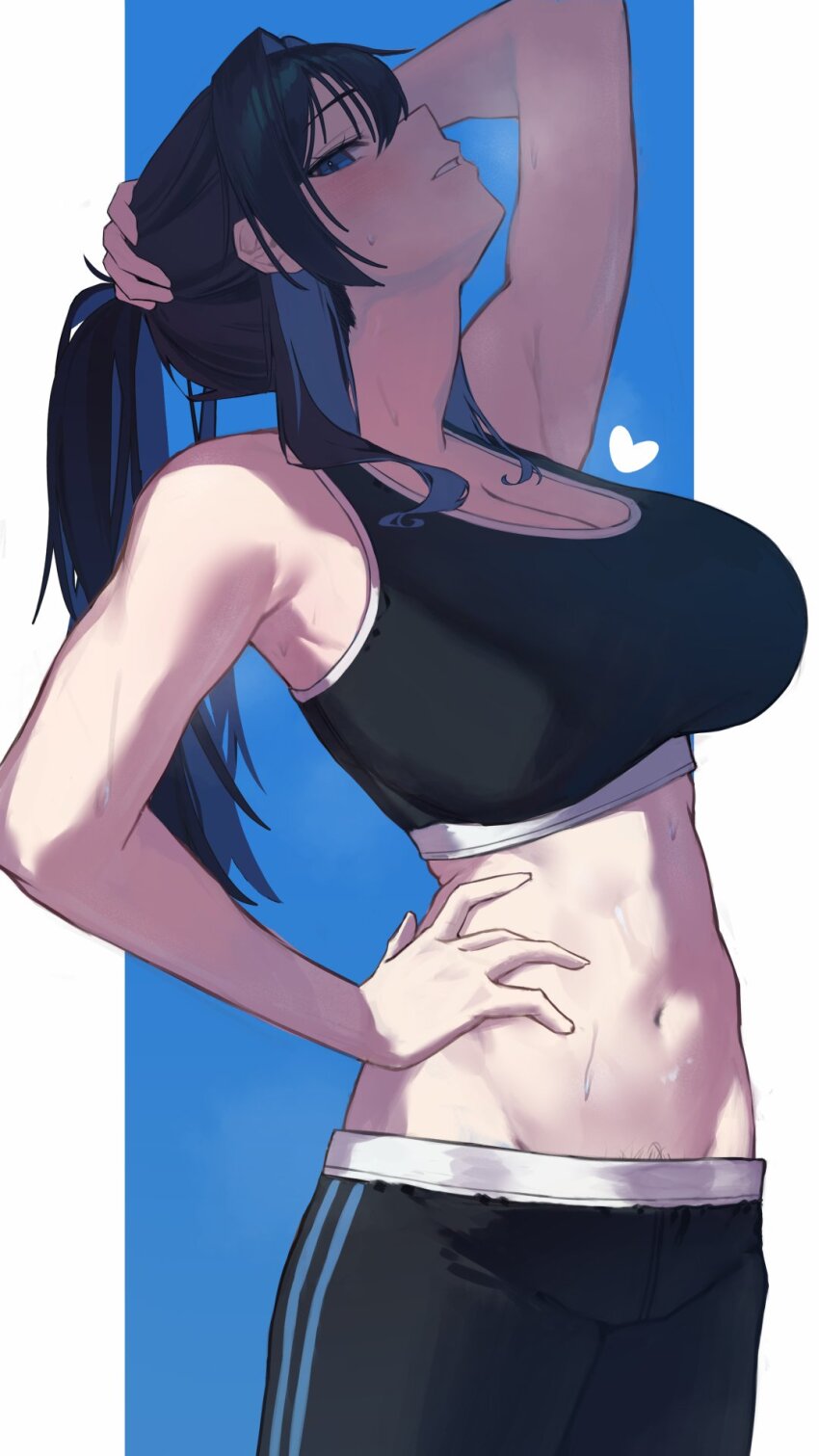 1girl, alternate_costume, bare_shoulders, black_hair, black_sports_bra, blue_eyes, blue_hair, bongk