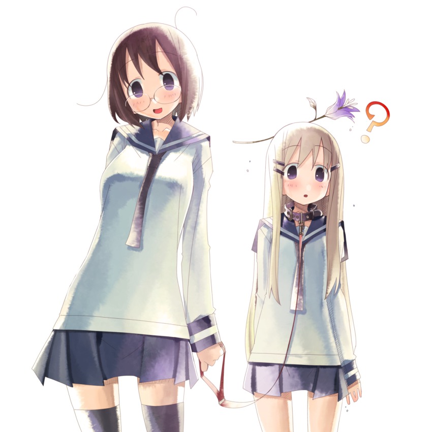 2girls, ?, ahoge, black_legwear, blonde_hair, blue_eyes, blush, brown_hair