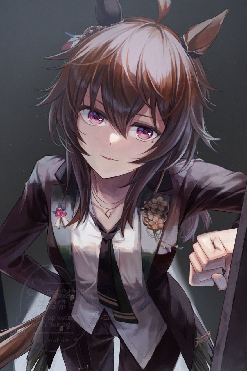 1girl, ahoge, animal_ears, black_necktie, black_pants, blush, breasts, brown_hair