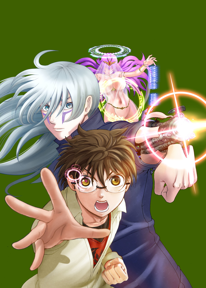 1girl, 2boys, absurdres, ahoge, arm_cannon, blank_censor, blue_eyes, blue_jacket