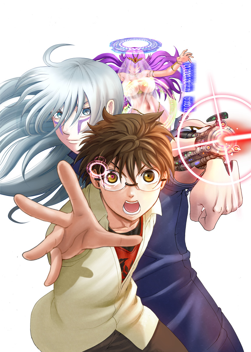 1girl, 2boys, absurdres, ahoge, arm_cannon, blank_censor, blue_eyes, blue_jacket