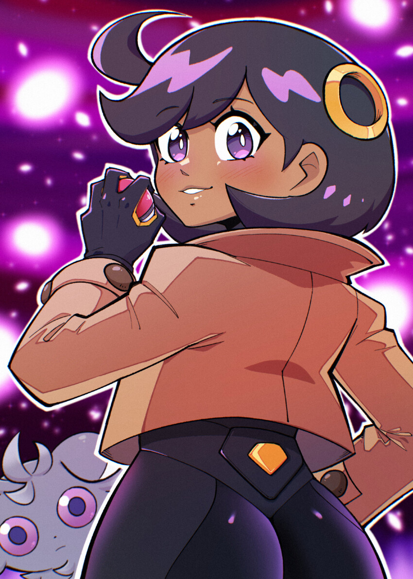 1girl, ass, black_hair, bodysuit, boltcreature, dark-skinned_female, dark_skin, emma_(pokemon)