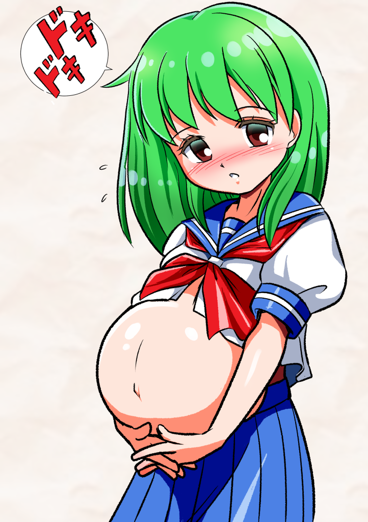 1girl, blue_skirt, blush, brown_eyes, commentary_request, green_hair, hands_on_own_stomach, hiro68