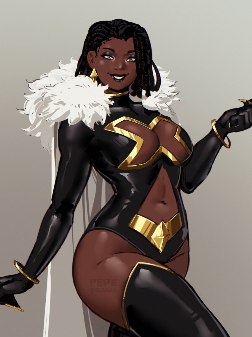 1girl, artist_name, black_boots, black_diamond_(x-men), black_eyeshadow, black_hair, black_leotard, black_lips