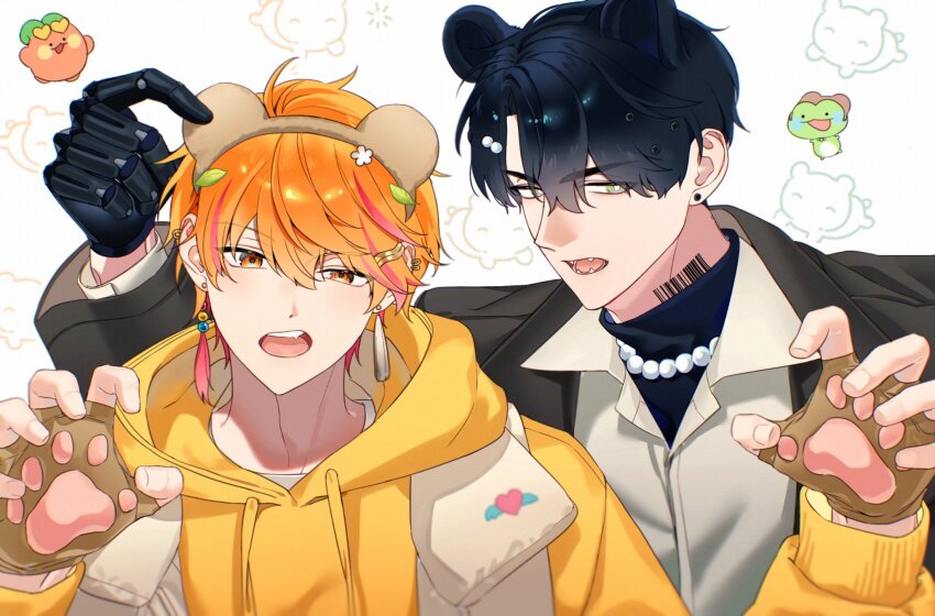2boys, animal_ear_hairband, animal_ears, animal_hands, barcode, barcode_tattoo, bear_boy, bear_ears
