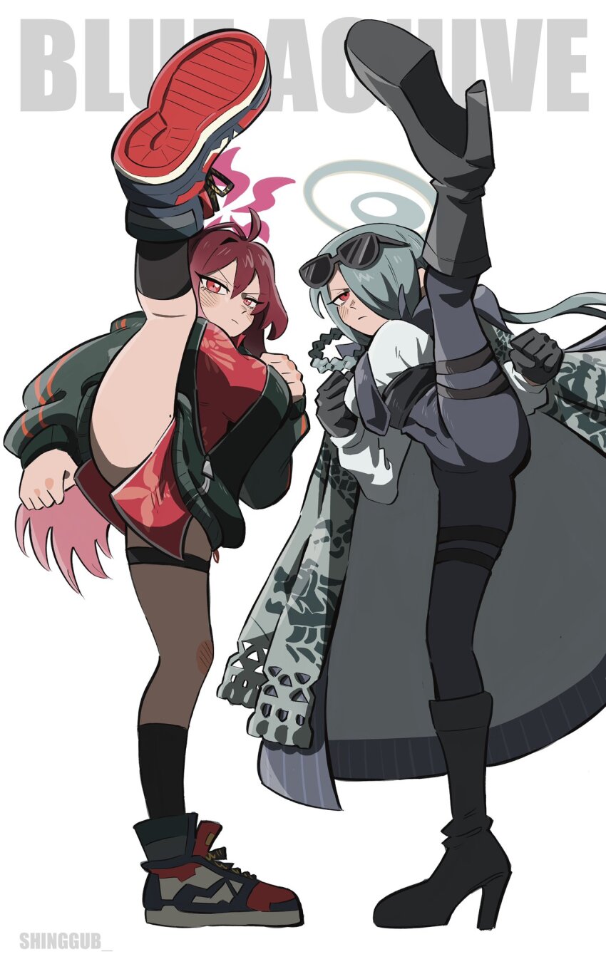 2girls, antenna_hair, black_gloves, black_jacket, black_pants, black_shoes, blue_archive, blush