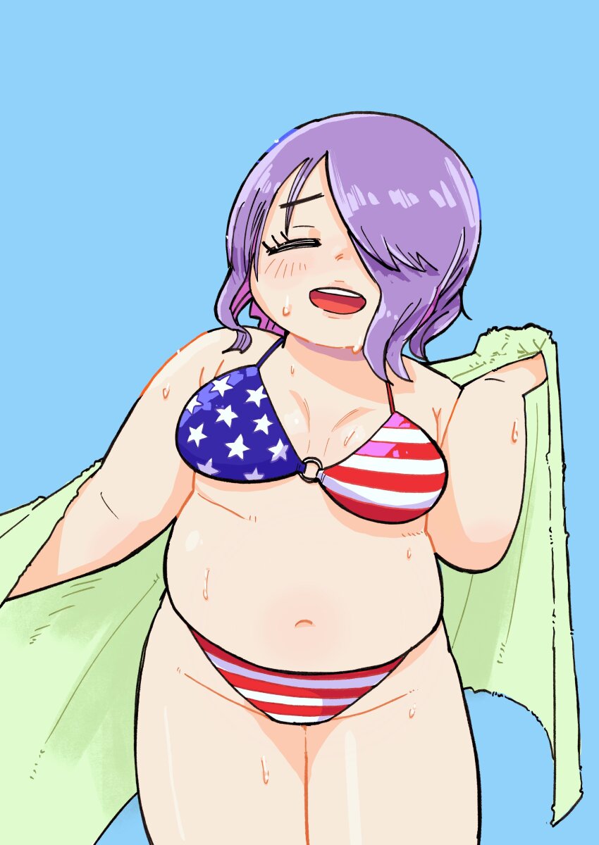 1girl, :d, absurdres, american_flag, american_flag_bikini, american_flag_print, bikini, blue_background