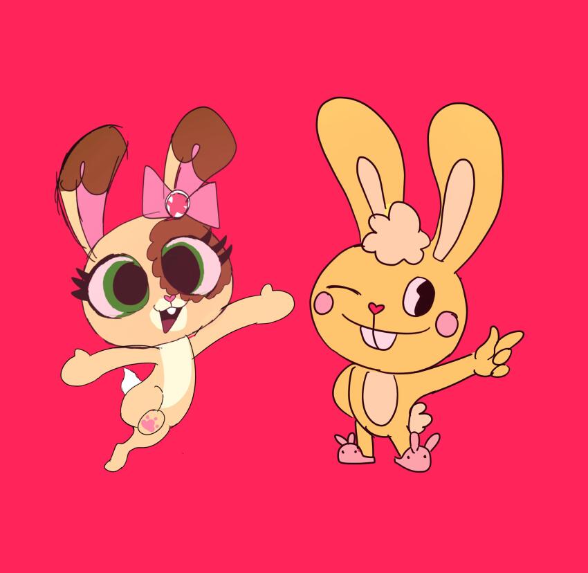 1boy, 1girl, absurdres, animal_slippers, artist_request, blush, bow, buck_teeth, bunny_slippers, buttercream_sundae, commentary, cuddles_(happy_tree_friends), english_commentary, hair_bow, happy_tree_friends, highres, littlest_pet_shop, littlest_pet_shop_(2012), no_humans, pink_bow, pink_slippers, rabbit, red_background, sketch, slippers, species_connection, teeth, yellow_fur