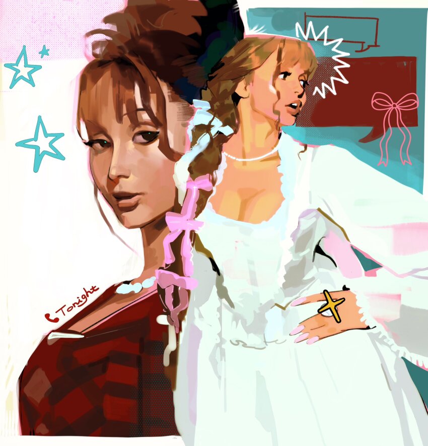 1girl, black_eyeliner, blunt_bangs, braid, braided_ponytail, brown_hair, commentary, dress, eyeliner, hair_bun, hand_on_own_hip, highres, jewelry, lizzyartworld, makeup, mascara, multiple_views, necklace, pinkpantheress, real_life, red_dress, ribbon, sidelocks, star_(symbol), white_dress, wide_sleeves