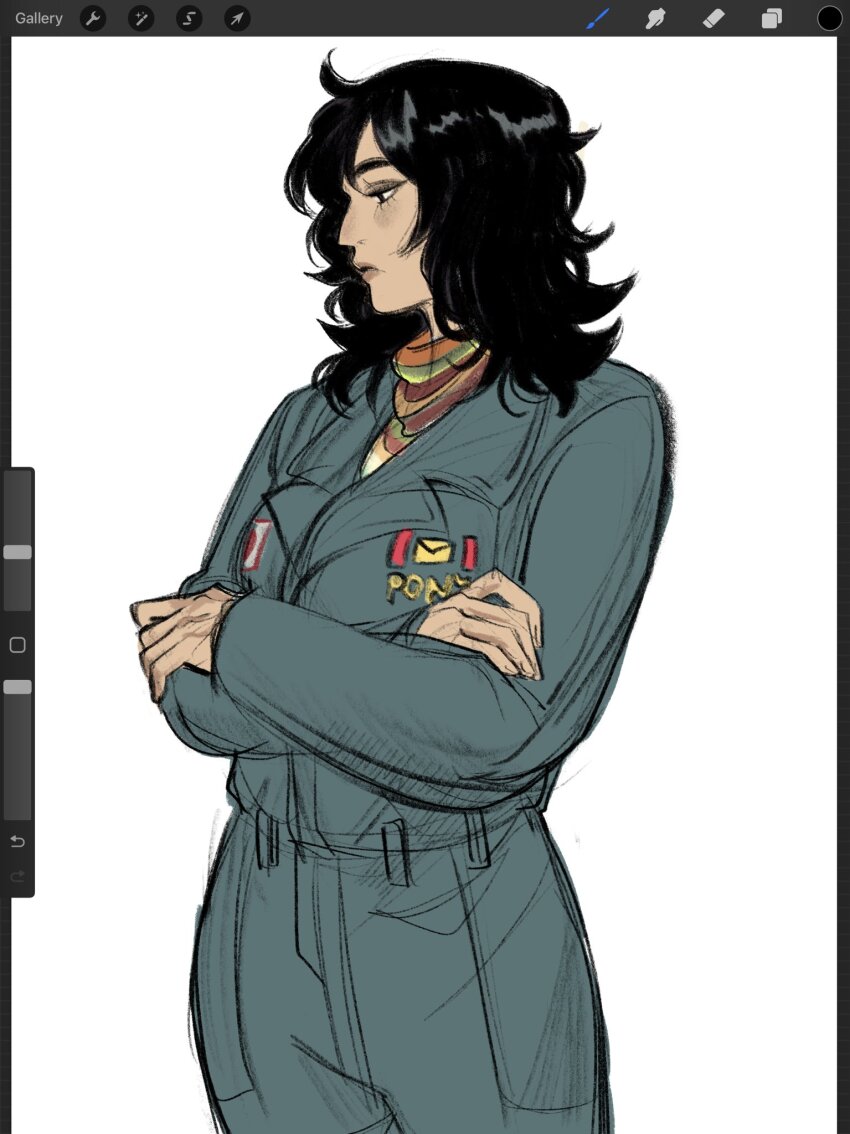 1girl, anya_(mouthwashing), art_program_in_frame, black_hair, blue_jumpsuit, breasts, closed_mouth, commentary