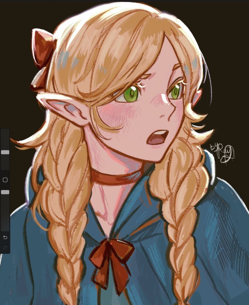 1girl, art_program_in_frame, blonde_hair, blue_capelet, blush, braid, capelet, choker