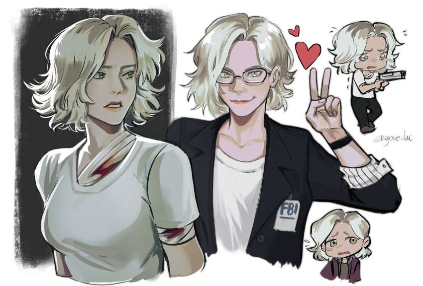 1girl, bandaged_arm, bandaged_torso, bandages, black-framed_eyewear, black_jacket, blonde_hair, blood