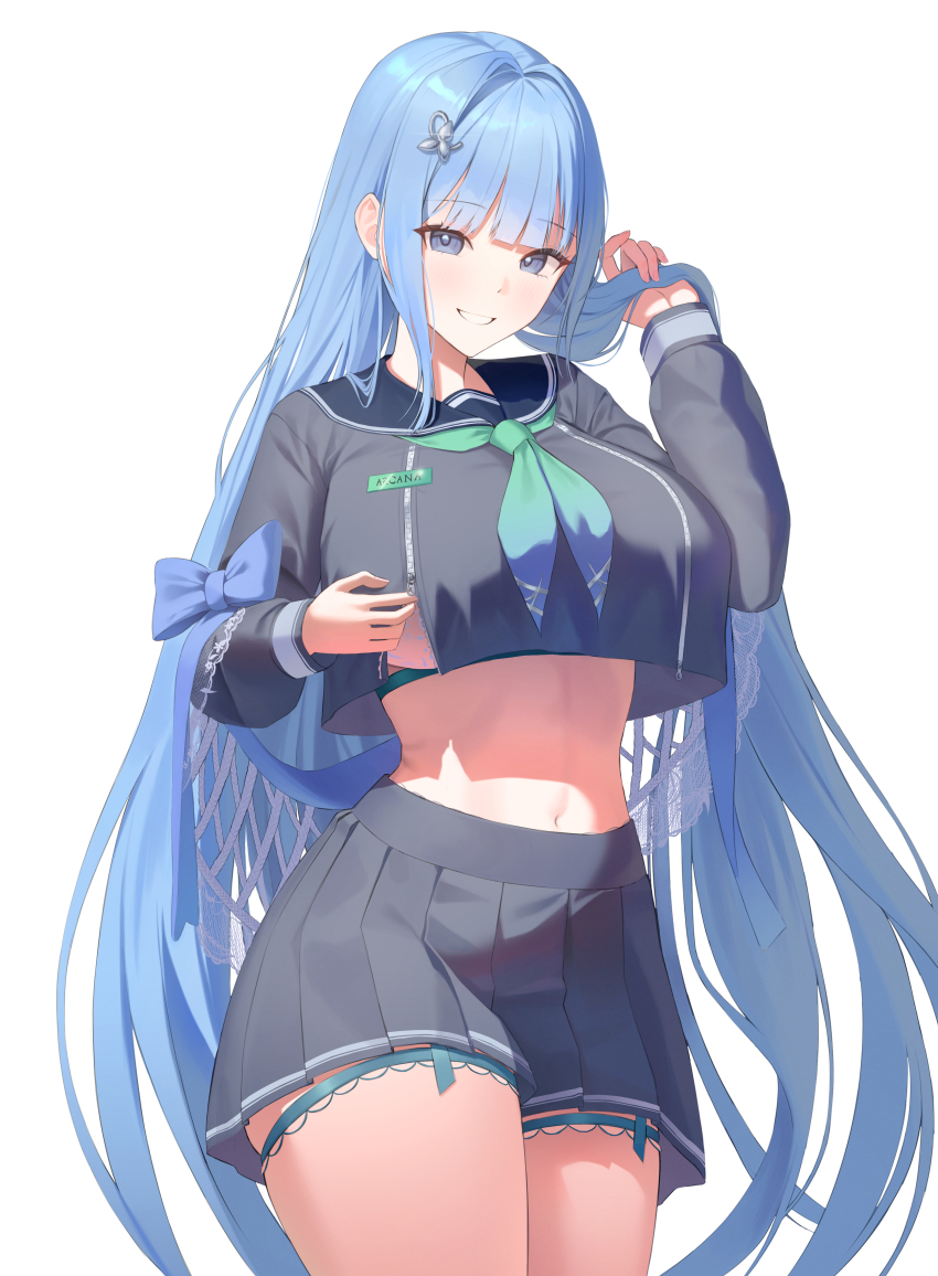 1girl, absurdres, arcana_(fortune_mate)_(nikke), arcana_(nikke), black_sailor_collar, black_serafuku, black_skirt, blue_eyes, blue_hair, blue_neckerchief, blush, bra, breast_zipper, breasts, commentary_request, crop_top, crop_top_overhang, cropped_shirt, dos_(ehgns007kr), goddess_of_victory:_nikke, grabbing_own_hair, gradient_neckerchief, green_neckerchief, hair_ornament, highres, holding_own_hair, holding_zipper_pull_tab, large_breasts, long_hair, looking_at_viewer, midriff, miniskirt, multicolored_neckerchief, navel, neckerchief, official_alternate_costume, open_mouth, partially_unzipped, pleated_skirt, sailor_collar, school_uniform, serafuku, shawl, simple_background, skirt, smile, solo, underwear, very_long_hair, white_background, white_bra, white_shawl