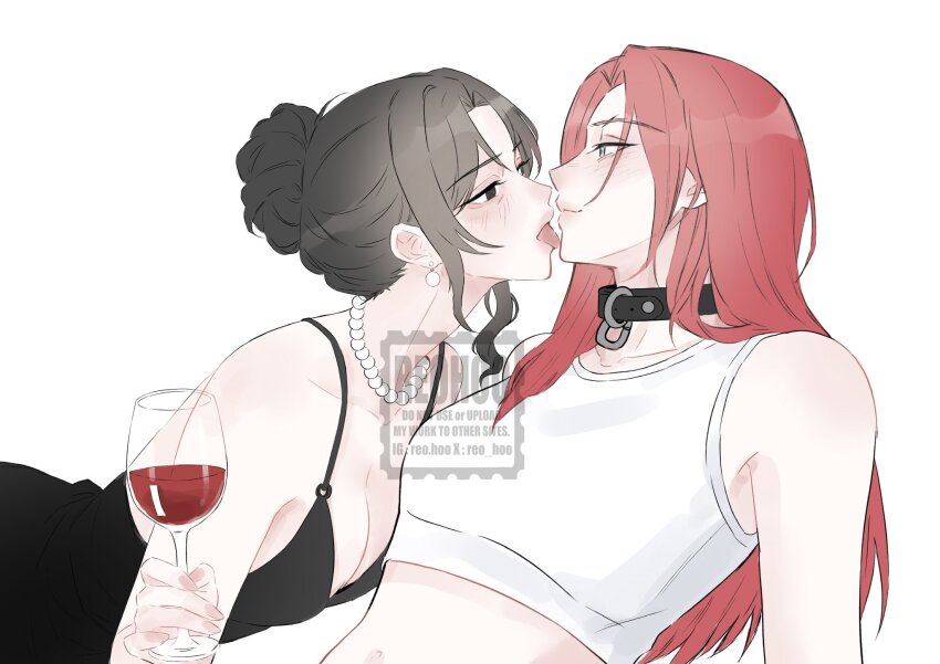 2girls, alcohol, black_collar, black_dress, black_eyes, black_hair, blue_eyes, breasts