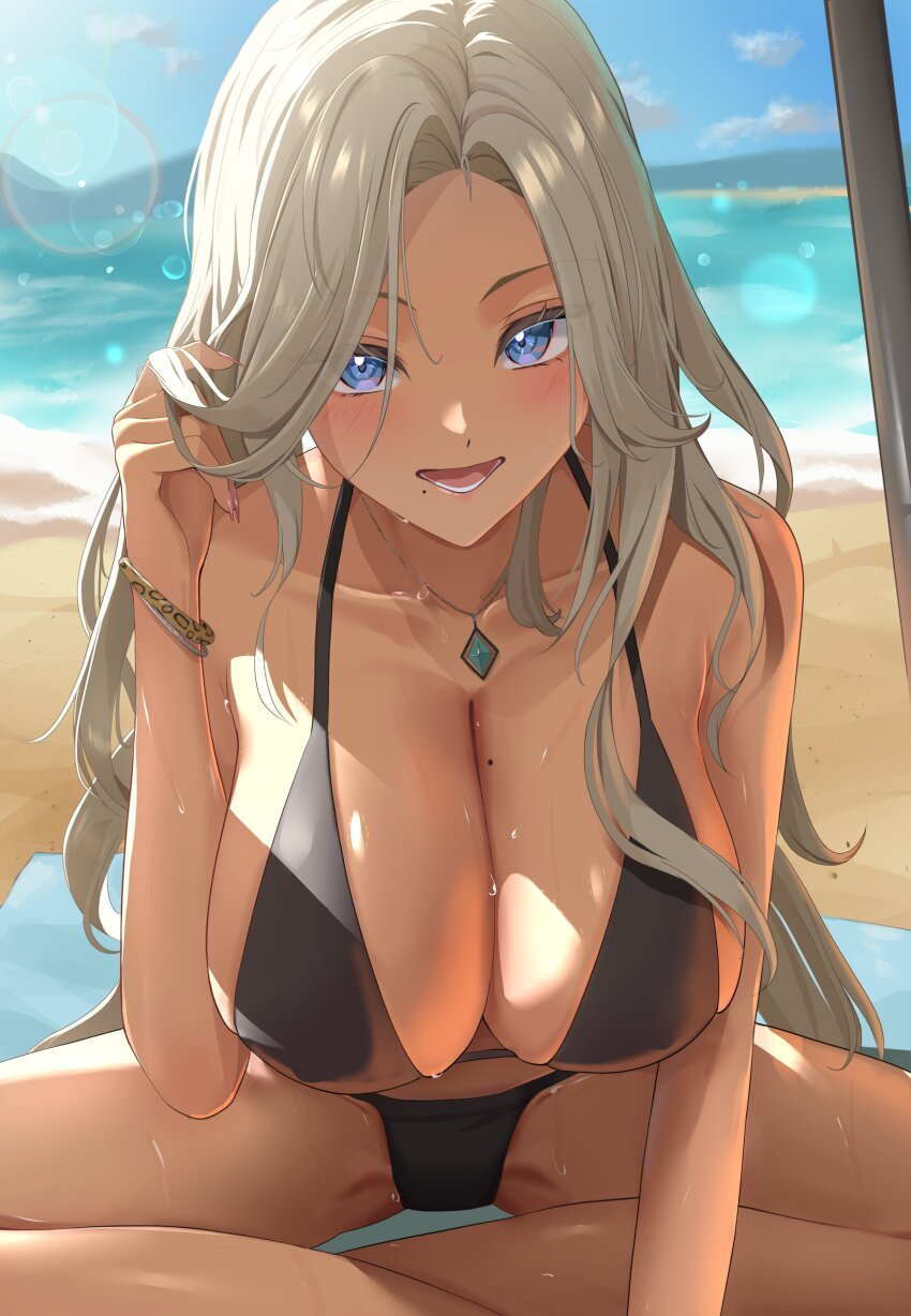 1girl, absurdres, bare_shoulders, beach_umbrella, bikini, black_bikini, blanket, blonde_hair