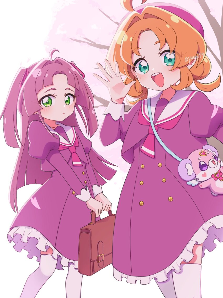 2girls, :d, ahoge, akechi_anna, aqua_eyes, arm_out_of_frame, bag, beret