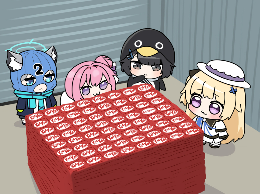 2026_kitkat_heist, 4girls, :<, :3, animal_costume, animal_ears, aqua_scarf, arknights, arknights:_endfield, balaclava, black_hair, blonde_hair, blue_archive, breaking_bad, candy, chibi, commentary, crossover, doro_(nikke), endministrator_(arknights), english_commentary, felutiahime, female_endministrator_(arknights), food, gloves, goddess_of_victory:_nikke, green_gloves, grey_hair, gugugaga_(meme), hair_ornament, hat, kitkat, meme, multiple_crossover, multiple_girls, overhead_door, penguin_costume, phoebe_(wuthering_waves), pink_hair, purple_eyes, scarf, scene_reference, shiroko_(blue_archive), white_hat, wolf_ears, wolf_girl, wuthering_waves, x_hair_ornament