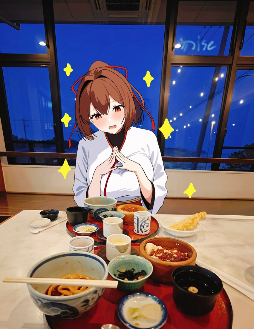 1girl, breasts, brown_eyes, brown_hair, commentary_request, cup, food, hair_ribbon, highres, indoors, ise_(kancolle), ise_ebi_to_hyuuga_natsu_mikan, ise_kai_ni_(kancolle), japanese_clothes, kantai_collection, kimono, large_breasts, photo_background, ribbon, short_hair, solo, sparklet, steepled_fingers, upper_body, white_kimono, window, yunomi