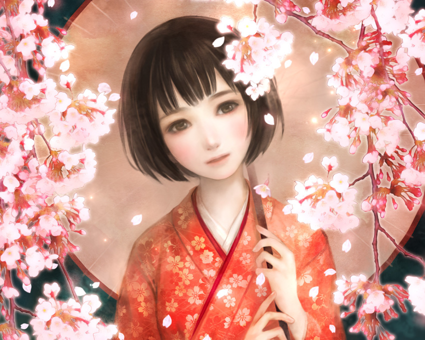 1girl, axis_powers_hetalia, bob_cut, brown_eyes, brown_hair, cherry_blossoms, female_focus, floral_print