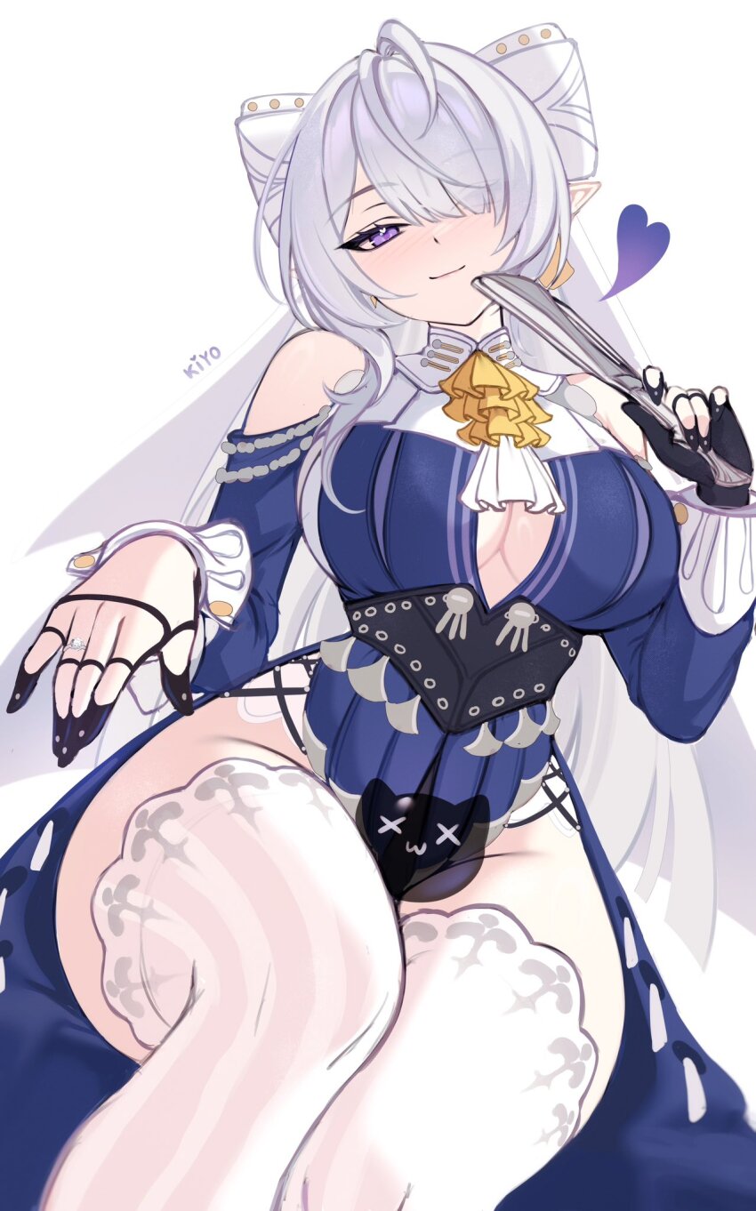 1girl, ascot, bare_shoulders, blue_dress, blush, breasts, censored, cleavage