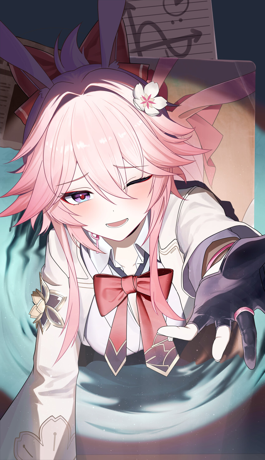 1girl, absurdres, animal_ears, blush, bow, canon_event, commentary_request, embarrassed