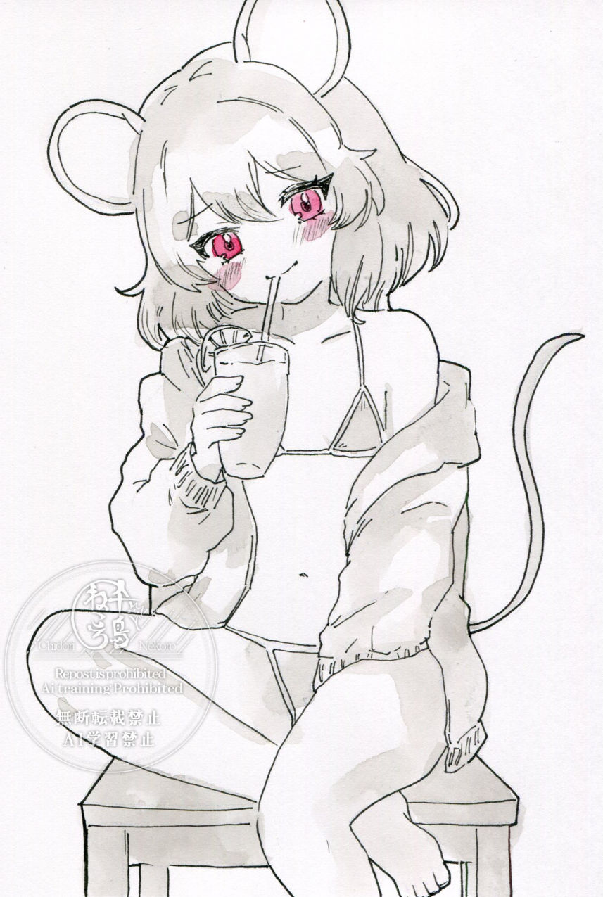 1girl, animal_ears, bare_shoulders, barefoot, bench, bikini, blush, chidori_nekoro