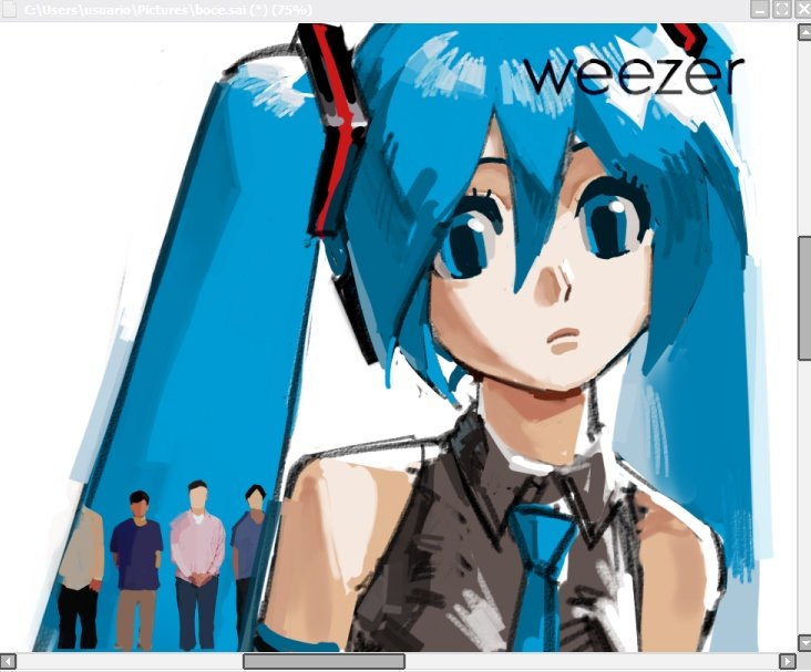 1girl, 4boys, album_cover, bare_shoulders, black_pants, blue_eyes, blue_hair, blue_necktie