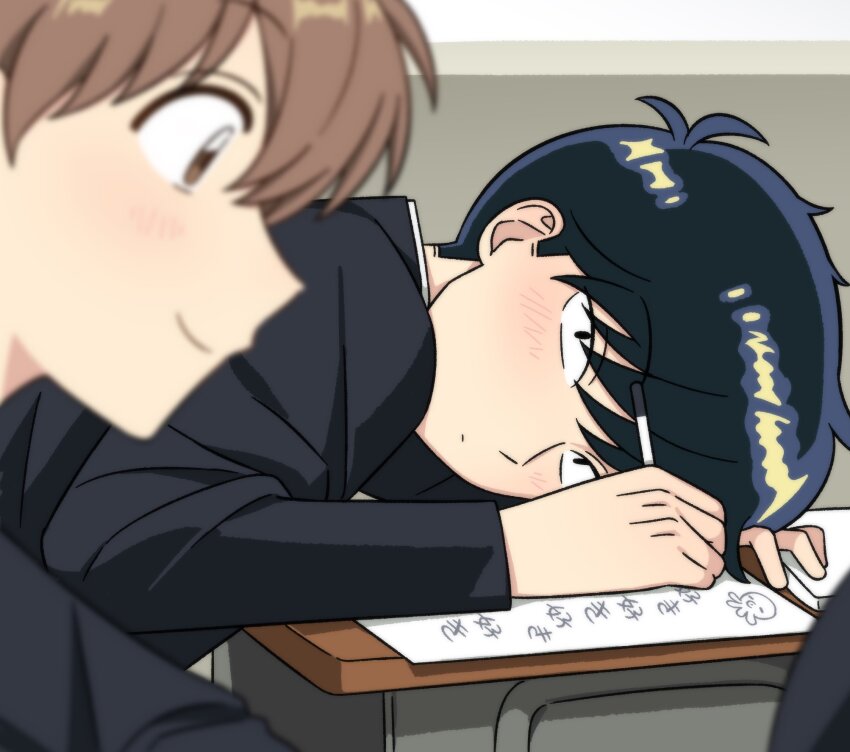 2boys, black_hair, blush, brown_eyes, brown_hair, classroom, closed_mouth, commentary