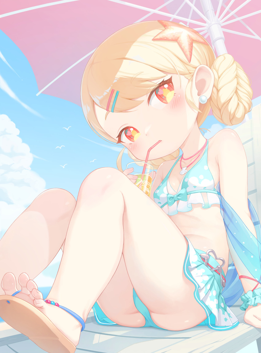 1girl, absurdres, aqua_bikini, ass, beach, beach_umbrella, bikini, bikini_skirt, bird, blonde_hair, blue_sky, breasts, chloe_(trickcal), cloud, cup, day, drink, drinking_glass, drinking_straw, drinking_straw_in_mouth, feet, flip-flops, frilled_bikini, frills, hair_ornament, highres, holding, holding_cup, humano, jewelry, legs, loli, looking_at_viewer, necklace, ocean, orange_eyes, outdoors, pearl_earrigns, sand, sandals, seagull, shell, shell_necklace, sitting, sky, small_breasts, solo, starfish_hair_ornament, stomach, swimsuit, thighs, toes, trickcal, umbrella, water