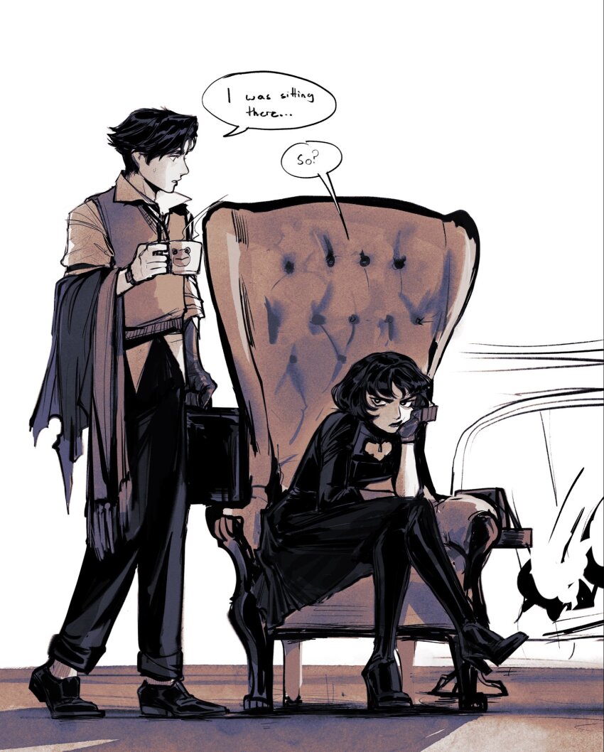 1girl, 1other, black_hair, briefcase, chair, commentary, cup, dress