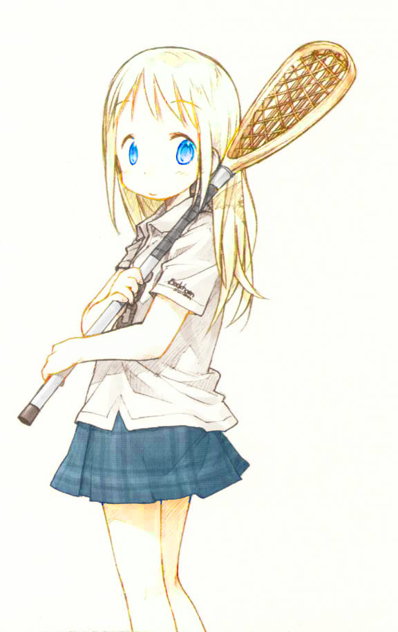 ana_coppola, barasui, blonde_hair, blue_eyes, collared_shirt, colorized, holding_lacrosse_stick, ichigo_mashimaro, lacrosse_stick, long_hair, shirt, simple_background, skirt, solo, third-party_source