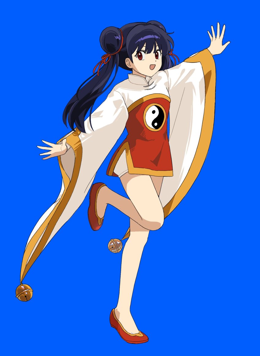 1girl, 88_77k, :d, absurdres, arm_up, bell, black_hair, blue_background