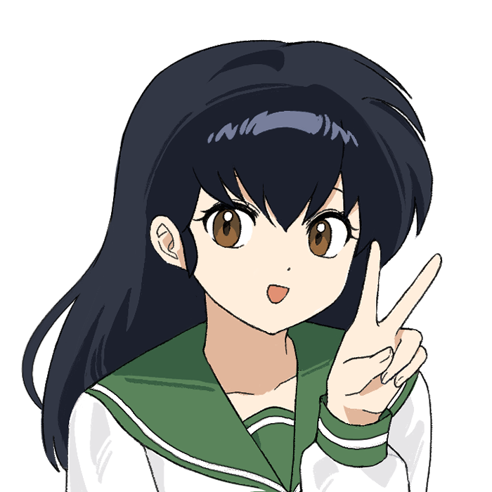 1girl, 88_77k, :d, black_hair, brown_eyes, green_sailor_collar, higurashi_kagome, inuyasha