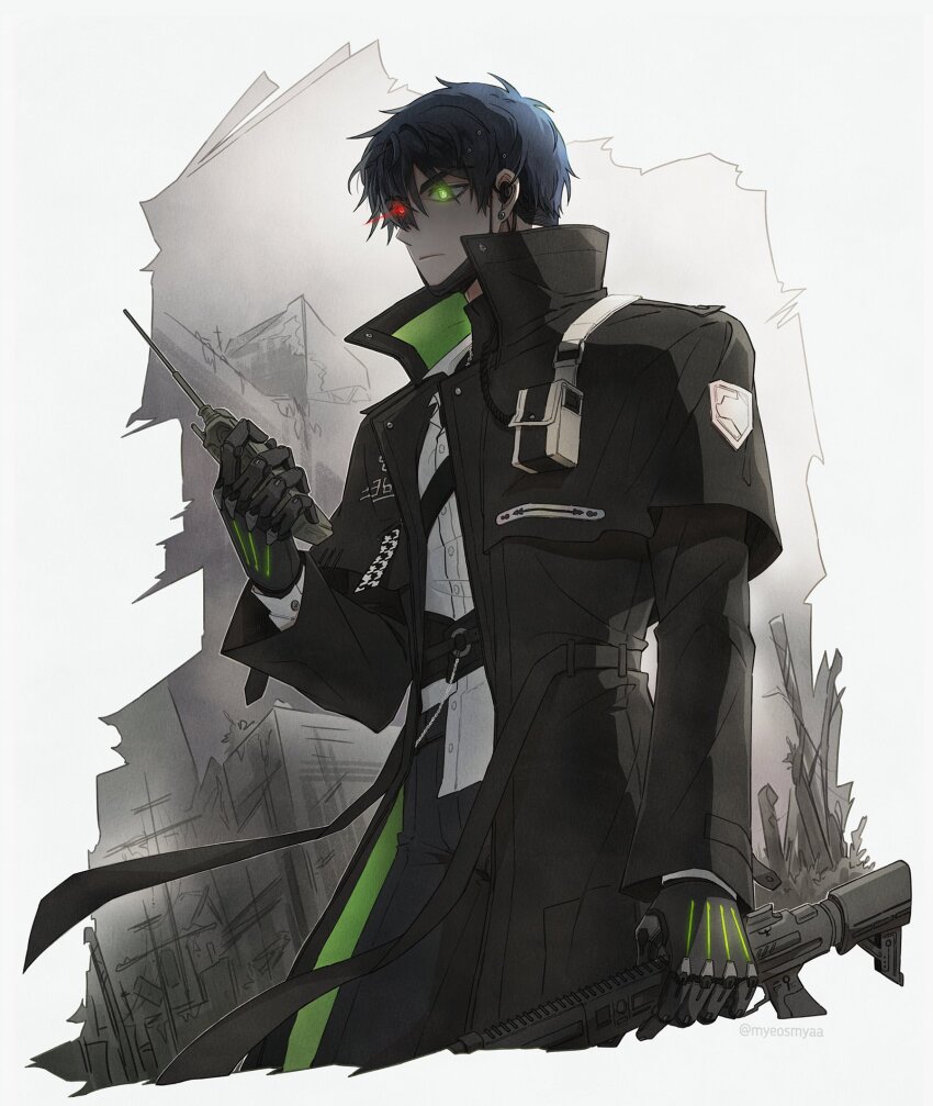 1boy, barcode, barcode_tattoo, black_coat, black_hair, black_mask, coat, commentary_request