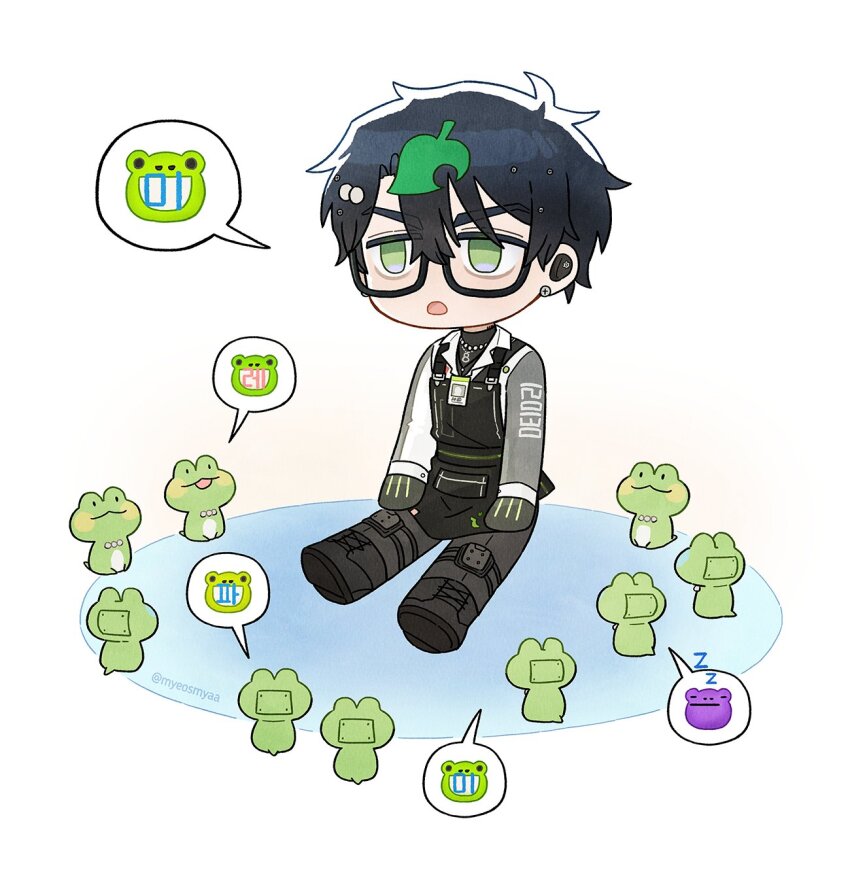 1boy, barcode, barcode_tattoo, black_boots, black_gloves, black_hair, boots, chibi