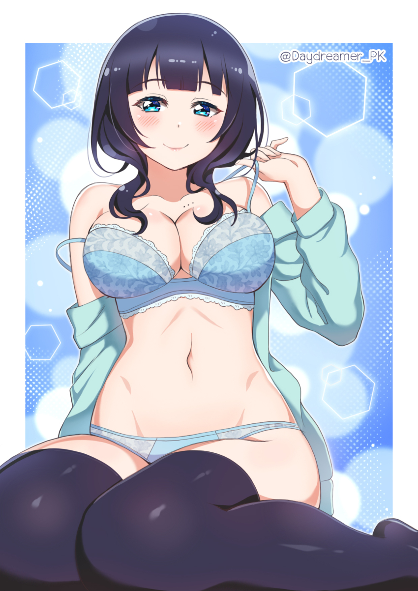 asaka_karin, black_thighhighs, blue_bra, blue_eyes, blue_hair, blue_pants, blunt_bangs, blush