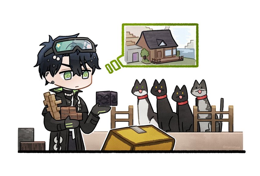 1boy, black_coat, black_hair, block_(minecraft), cat, chibi, chibi_only, coat