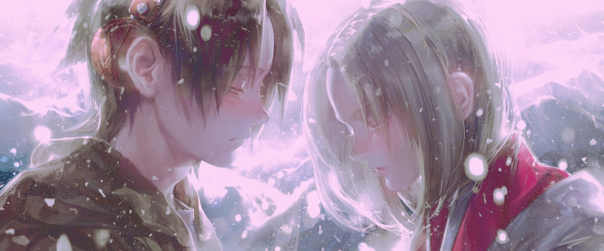 1boy, 1girl, asakura_yoh, black_hair, blonde_hair, blush, closed_mouth, forehead