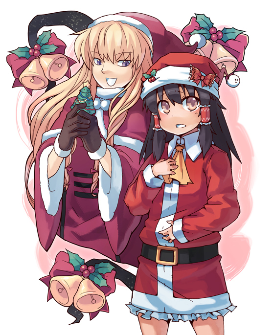 2girls, ascot, bad_id, bad_pixiv_id, bell, belt, bow, brown_gloves, christmas, christmas_tree, female_focus, gap_(touhou), gloves, hakurei_reimu, hat, holly, motoyoshi, multiple_girls, santa_costume, santa_hat, touhou, yakumo_yukari