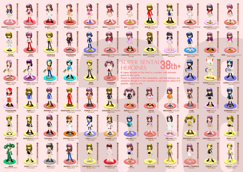 555913193ooo, 6+girls, absurdres, ahim_de_famille, aoyagi_mitsuki, battle_fever_j, black_hair, blonde_hair, blue_eyes, blue_hair, brown_hair, character_name, character_request, chikyuu_sentai_fiveman, choudenshi_bioman, choujin_sentai_jetman, chouriki_sentai_ohranger, choushinsei_flashman, commentary_request, copyright_name, copyright_request, dengeki_sentai_changeman, denji_sentai_megaranger, english_text, eri_(goseiger), everyone, gekisou_sentai_carranger, glasses, gogo_sentai_boukenger, gosei_sentai_dairanger, green_hair, hairband, hanaori_kotoha, haruka_(hikari_sentai_maskman), hayasaka_ako, highres, hikari_sentai_maskman, hikounin_sentai_akibaranger, himitsu_sentai_gorenger, holding, holding_weapon, hoshikawa_kazumi, imamura_miku, juuken_sentai_gekiranger, kagura_(ressha_sentai_toqger), kaizoku_sentai_gokaiger, katsuragi_hikaru, koizumi_mika, kousoku_sentai_turboranger, kyuukyuu_sentai_gogofive, luka_millfy, mahou_sentai_magiranger, mamiya_natsuki, marie_gold, maruo_momo, mele, mio_(ressha_sentai_toqger), mirai_sentai_timeranger, misaki_megumi, momoko_(hikari_sentai_maskman), morikawa_haruna, multiple_girls, nagisa_sayaka, ninpuu_sentai_hurricanger, nishihori_sakura, nono_nanami, ozu_urara, purple_eyes, purple_hair, red_eyes, ressha_sentai_toqger, royama_saki, samurai_sentai_shinkenger, seijuu_sentai_gingaman, shiba_kaoru, shinohara_natsumi, shiraishi_mako, shiratori_swan, skirt, super_sentai, sutou_miu, tachibana_rei_(dynaman), taiga_sae, tatsumi_matsuri, tensou_sentai_goseiger, tokumei_sentai_go-busters, tsubasa_mai, twintails, usami_youko, uzaki_ran, weapon, yabuki_jun_(choudenshi_bioman), yellow_eyes, zyuden_sentai_kyoryuger