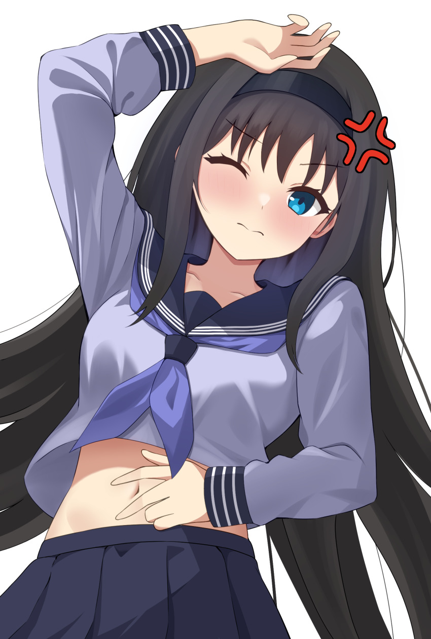 1girl, anger_vein, asagami_private_girls_acadamy_uniform, black_hair, black_hairband, blue_eyes, blush, breasts