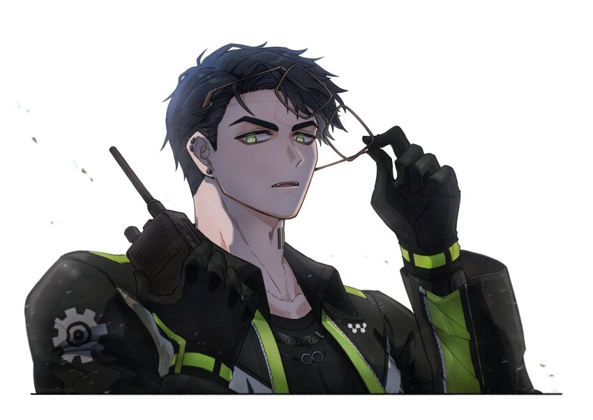 1boy, barcode, barcode_tattoo, black_gloves, black_hair, black_jacket, black_shirt, chain