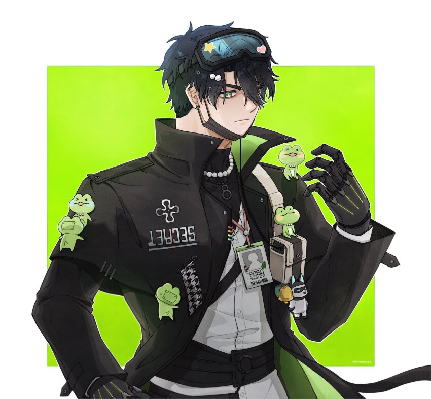 1boy, belt, black_belt, black_bodysuit, black_coat, black_hair, black_mask, bodysuit, chain, chain_necklace, coat, earrings, frog, goggles, goggles_on_head, green_background, green_eyes, green_lining, hair_ornament, hairclip, hand_up, heart, heart_sticker, highres, id_card, jewelry, lanyard, male_focus, mask, mask_pull, mechanical_hands, mouth_mask, multiple_necklaces, myeosmyaa, necklace, open_clothes, open_coat, pearl_hair_ornament, pearl_necklace, pouch, robo_frostor, screw, shirt, shirt_under_shirt, short_hair, simple_background, skoshism, solo, star_(symbol), star_sticker, sticker, stud_earrings, trench_coat, turtleneck, turtleneck_bodysuit, upper_body, virtual_youtuber, white_shirt
